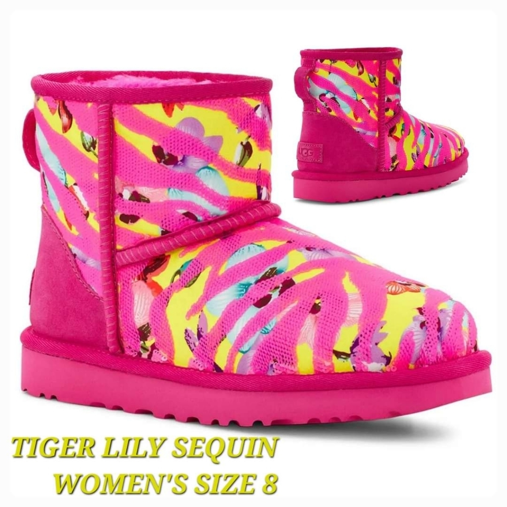NEW - Pink/Yellow Classic Mini Tiger Flower Sequin Ugg Boots (Size 8) NO BOX